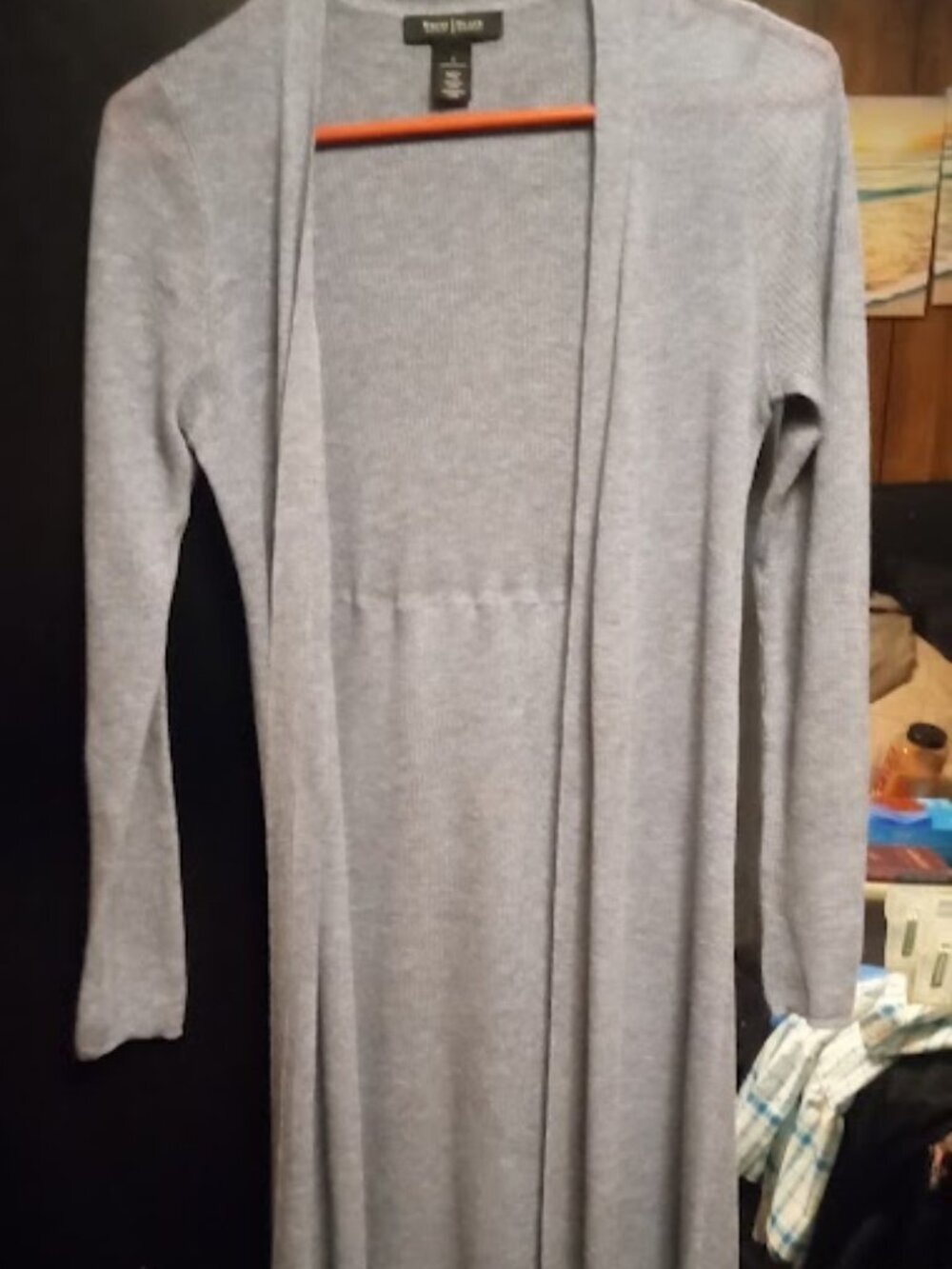 white house black market open cardigan long grey back split S
